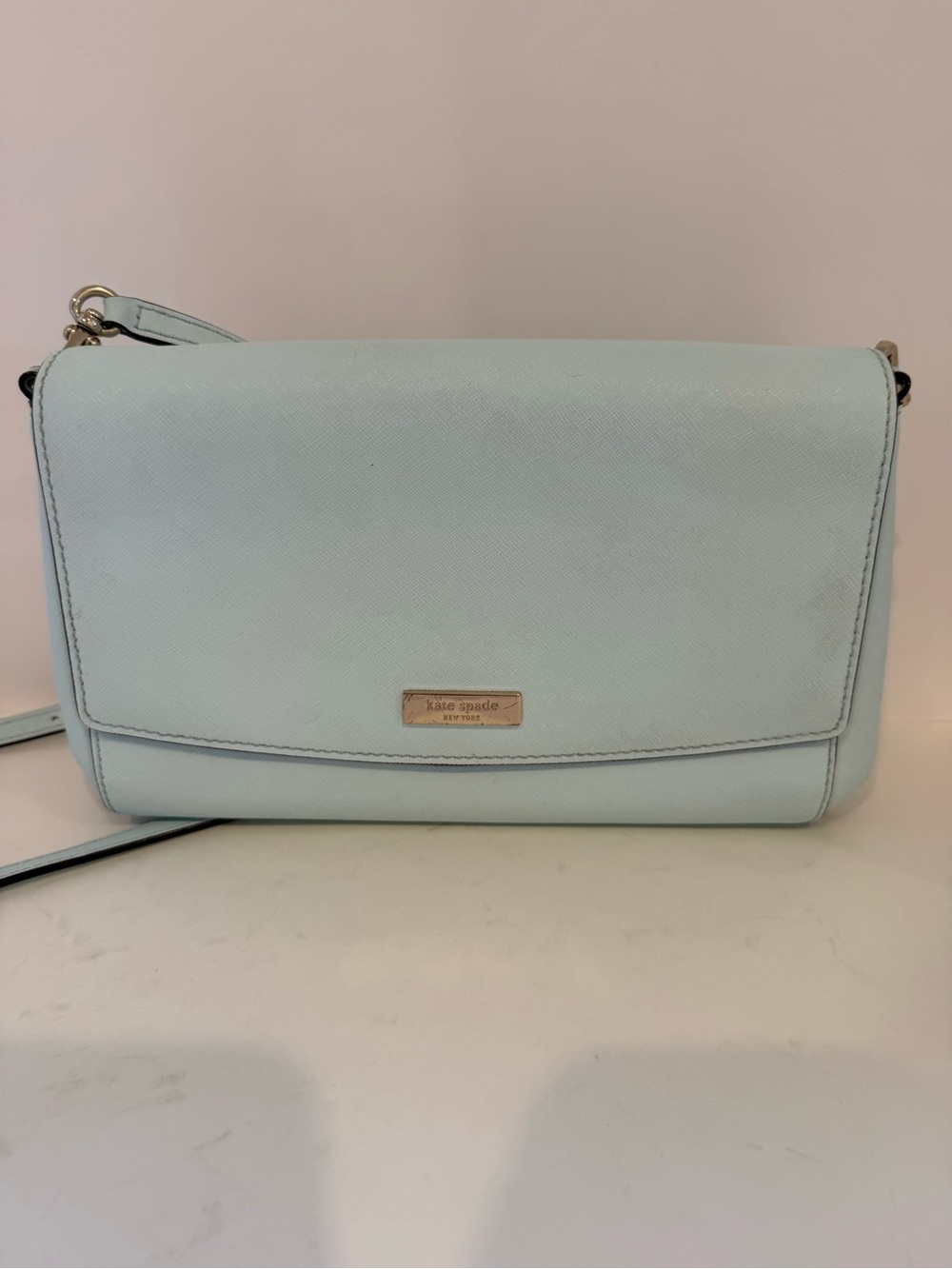 Kate Spade Laurel Way Greer Crossbody Clutch Mint Blue Leather EUC